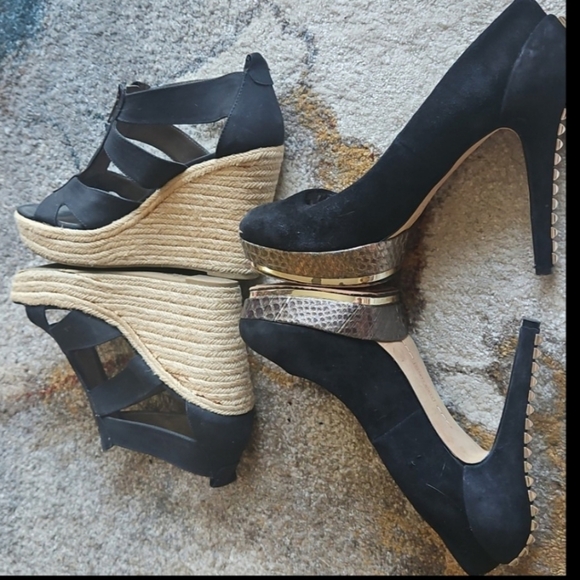 1day$ X2 Highheels Camuto Black Gold Metal Stiletto / Top Zip Black Sandal Wedge - Picture 1 of 16